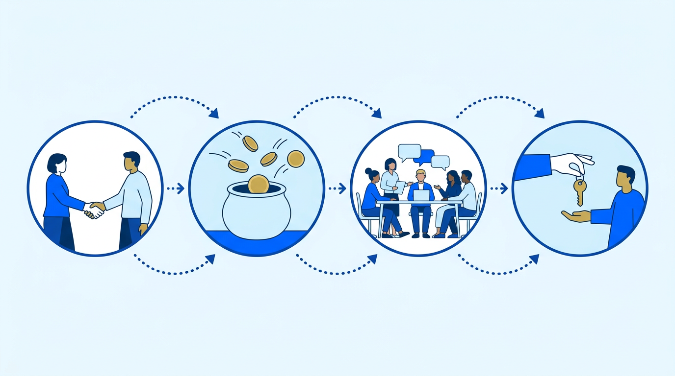 Four steps of the consorcio process: join, contribute, assembly, receive